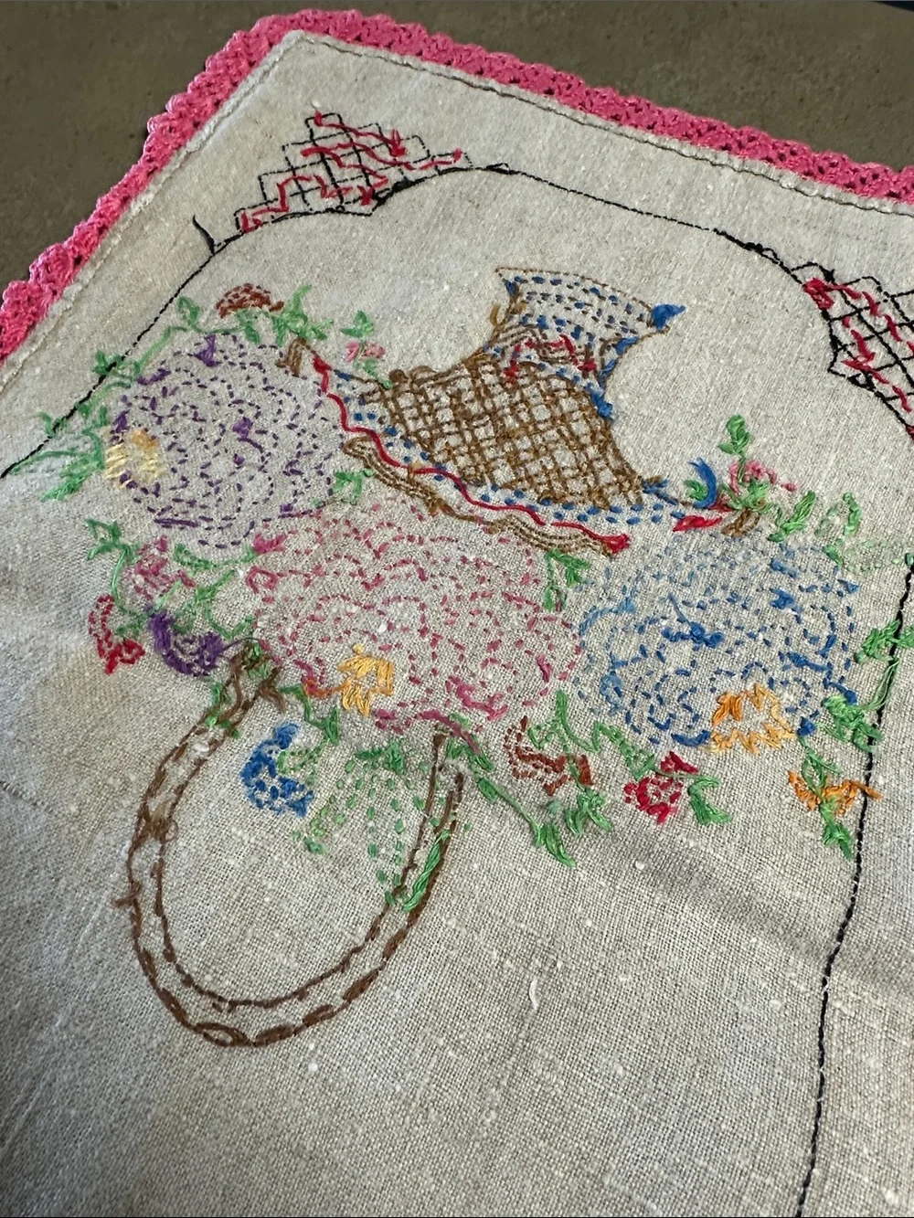 Vintage Hand-Embroidered Linen Floral Basket Table Runner - Pink Trim 38”